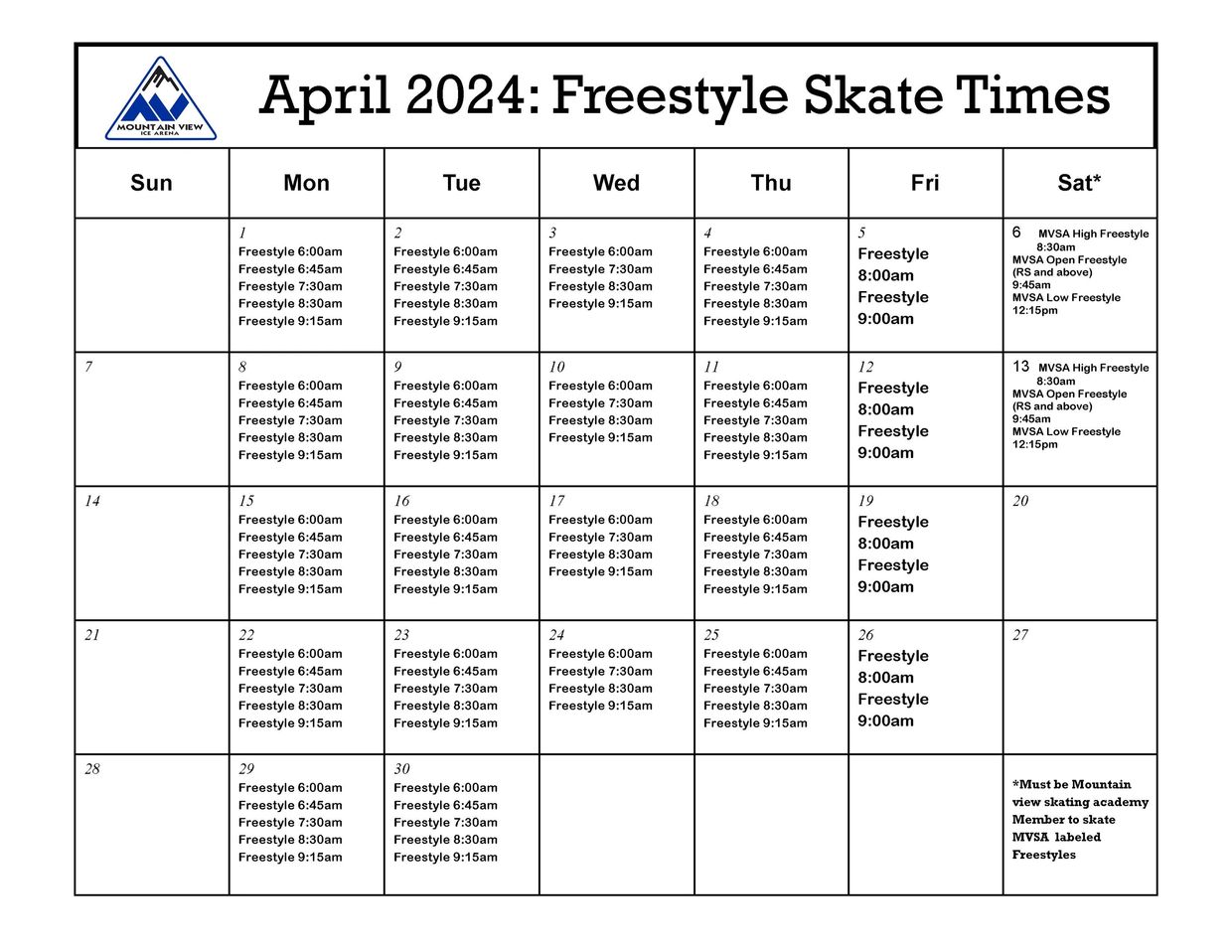 Freestyle Schedule Mountain View Ice Arena